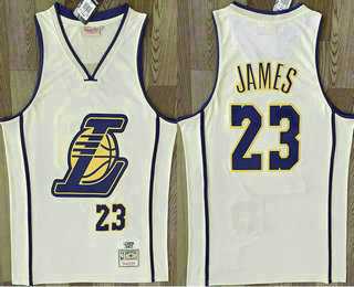 Men%27s Los Angeles Lakers #23 Lebron James Cream Throwback Swingman Jersey